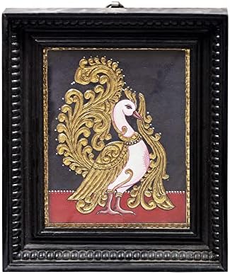 הודו האקזוטי 11 x 13 עומד טווס טאנג'ור ציור | צבעים מסורתיים עם זהב 24 קראט | מסגרת עץ טיק | ללכת